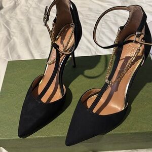 Jessica Simpson Women Black Faux Suede Wintelle Chain Ankle Strap Pumps Size 8M